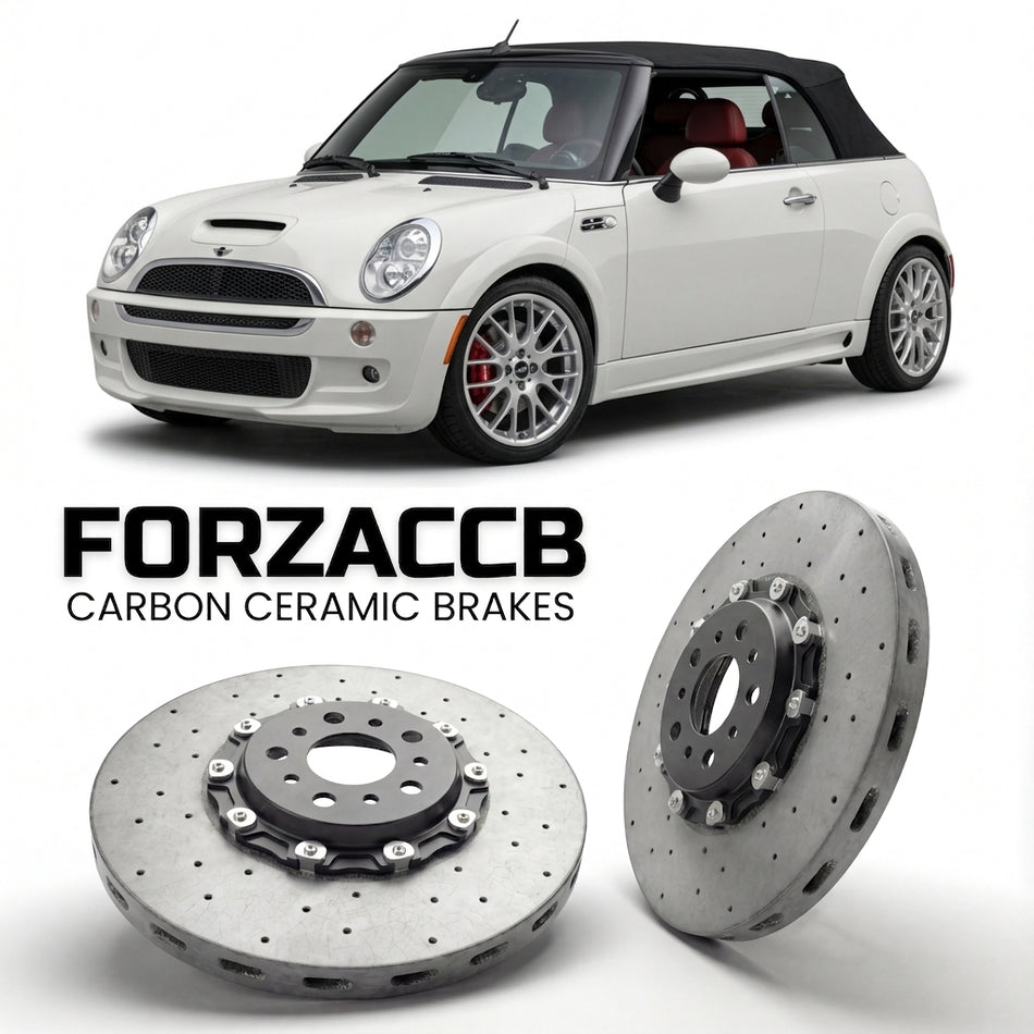 ForzaCCB direct OEM replacement carbon ceramic brake rotors for 2005 to 2008 Mini Convertible R52 models, shown with a white Mini Convertible car.