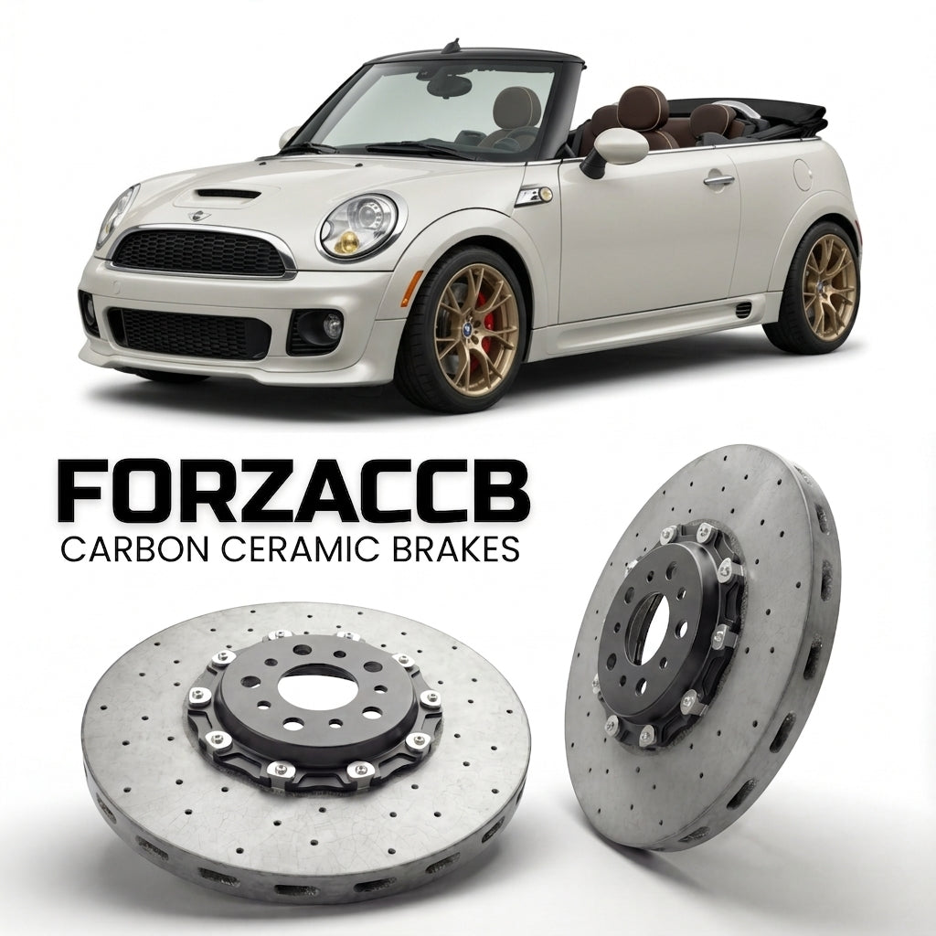 ForzaCCB direct OEM replacement carbon ceramic brake rotors for 2009 to 2015 Mini Convertible R57 models, shown with a white Mini Convertible car.