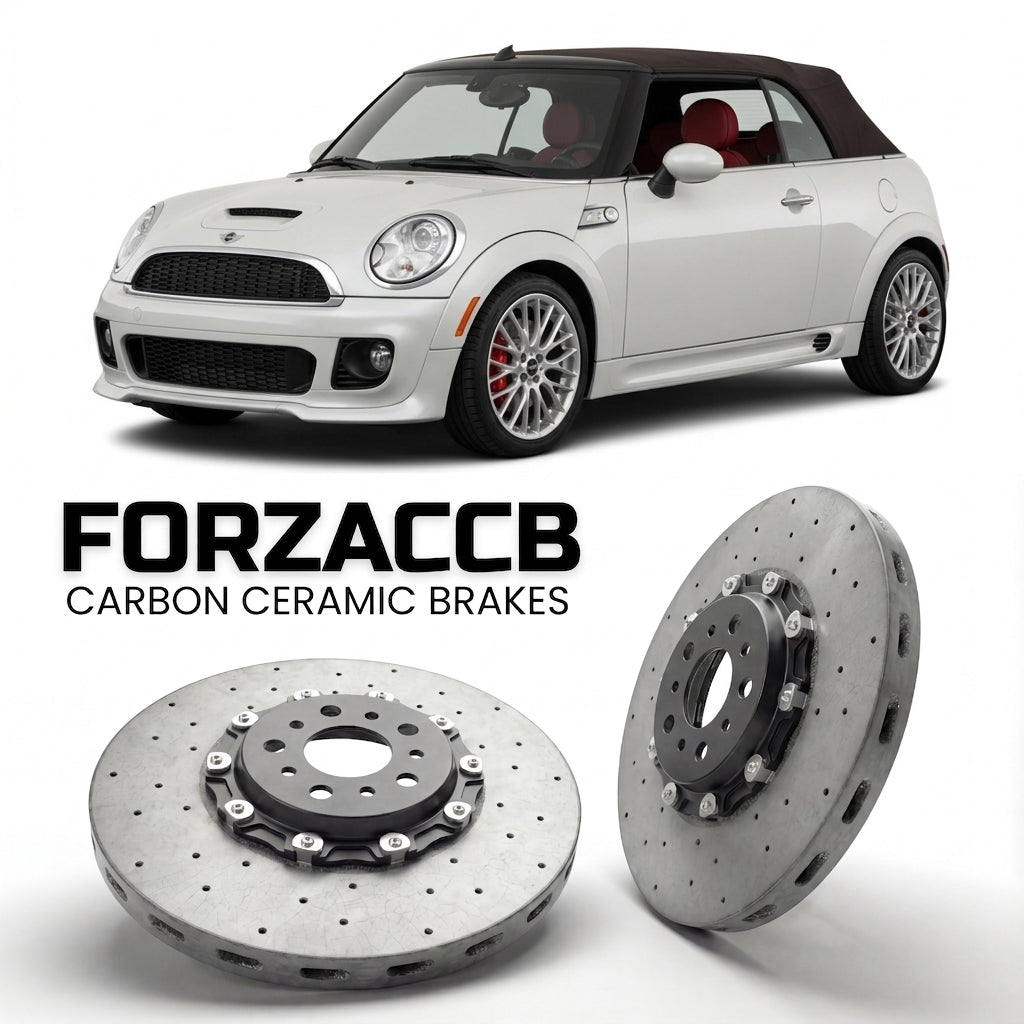 ForzaCCB direct OEM replacement carbon ceramic brake rotors for 2011 to 2015 Mini Convertible R57, Facelift 2011 models, shown with a white Mini Convertible car.