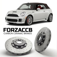ForzaCCB direct OEM replacement carbon ceramic brake rotors for 2011 to 2015 Mini Convertible R57, Facelift 2011 models, shown with a white Mini Convertible car.