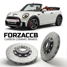 ForzaCCB direct OEM replacement carbon ceramic brake rotors for 2018 to 2021 Mini Convertible F57, facelift 2018 models, shown with a white Mini Convertible car.