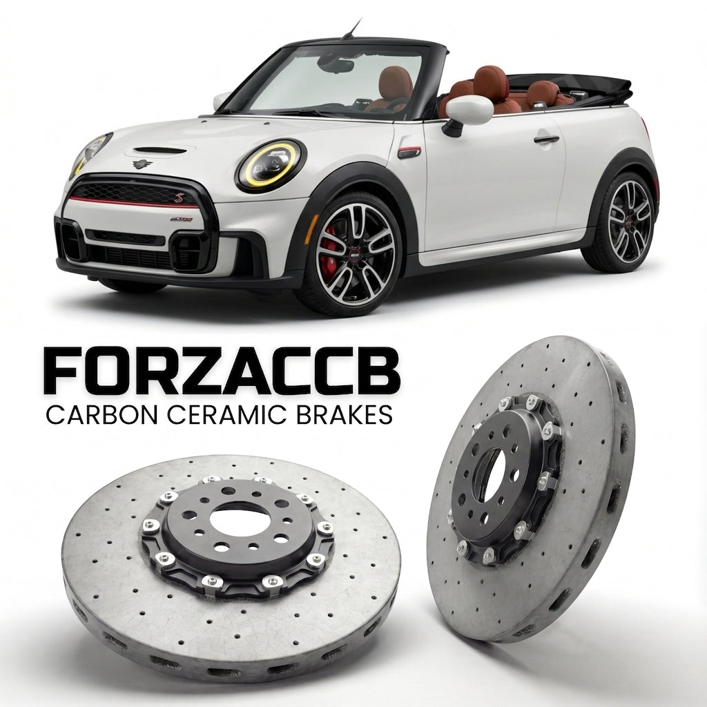 ForzaCCB direct OEM replacement carbon ceramic brake rotors for 2018 to 2021 Mini Convertible F57, facelift 2018 models, shown with a white Mini Convertible car.