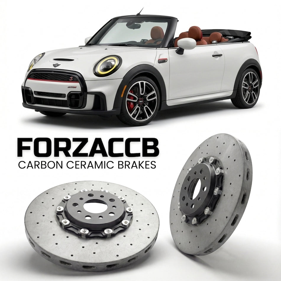 ForzaCCB direct OEM replacement carbon ceramic brake rotors for 2018 to 2021 Mini Convertible F57, facelift 2018 models, shown with a white Mini Convertible car.