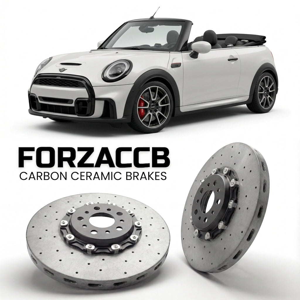 ForzaCCB direct OEM replacement carbon ceramic brake rotors for 2021 to 2024 Mini Convertible F57, facelift 2021 models, shown with a white Mini Convertible car.