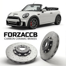 ForzaCCB direct OEM replacement carbon ceramic brake rotors for 2021 to 2024 Mini Convertible F57, facelift 2021 models, shown with a white Mini Convertible car.