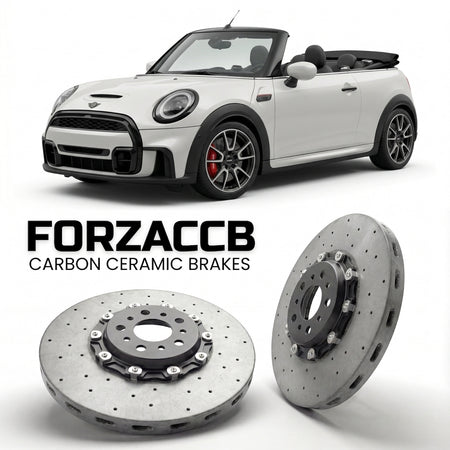 ForzaCCB direct OEM replacement carbon ceramic brake rotors for 2021 to 2024 Mini Convertible F57, facelift 2021 models, shown with a white Mini Convertible car.