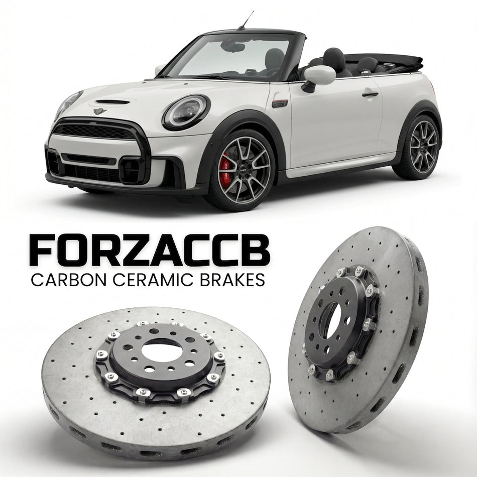ForzaCCB direct OEM replacement carbon ceramic brake rotors for 2021 to 2024 Mini Convertible F57, facelift 2021 models, shown with a white Mini Convertible car.
