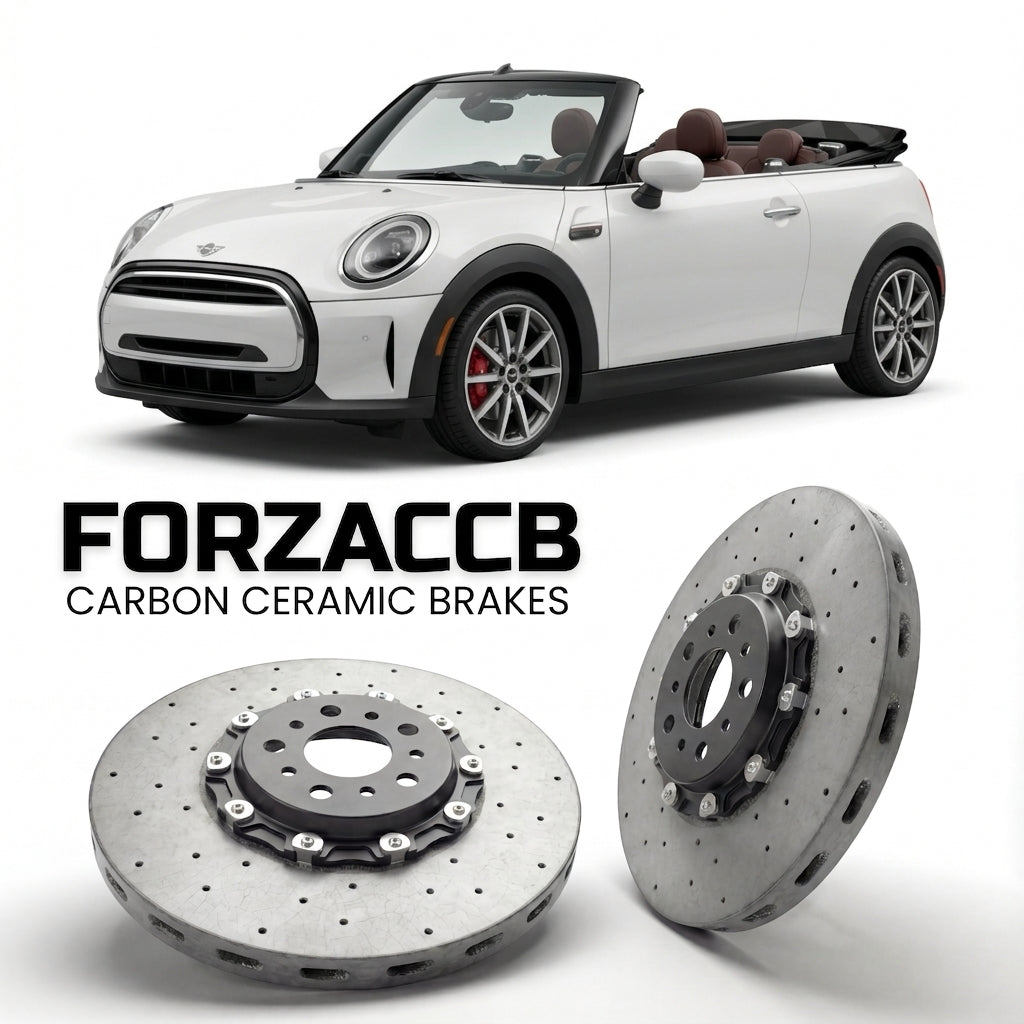 ForzaCCB direct OEM replacement carbon ceramic brake rotors for 2024 and newer Mini Convertible F67 models, shown with a white Mini Convertible car.