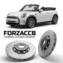 ForzaCCB direct OEM replacement carbon ceramic brake rotors for 2024 and newer Mini Convertible F67 models, shown with a white Mini Convertible car.