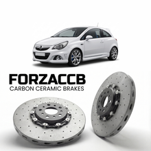 ForzaCCB direct OEM replacement carbon ceramic brake rotors for 2007 to 2018 Opel Corsa OPC models, shown with a white Opel Corsa OPC car.