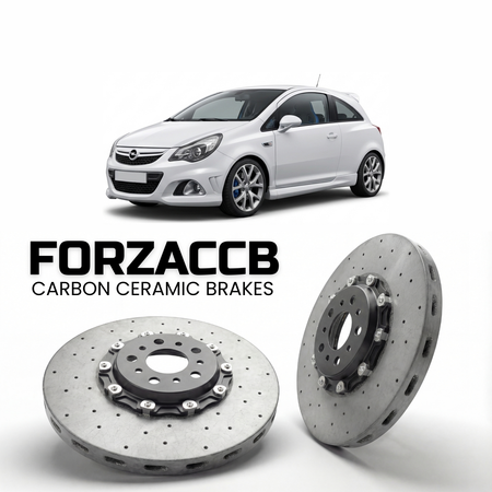 ForzaCCB direct OEM replacement carbon ceramic brake rotors for 2007 to 2018 Opel Corsa OPC models, shown with a white Opel Corsa OPC car.