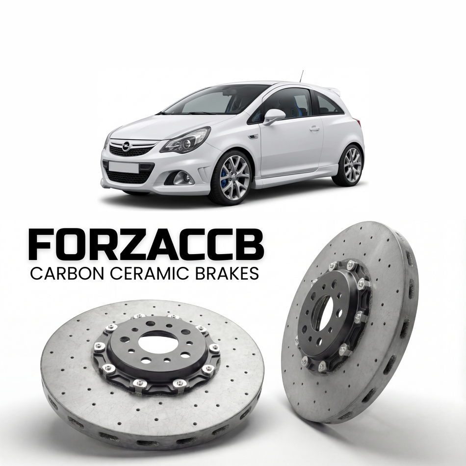 ForzaCCB direct OEM replacement carbon ceramic brake rotors for 2007 to 2018 Opel Corsa OPC models, shown with a white Opel Corsa OPC car.