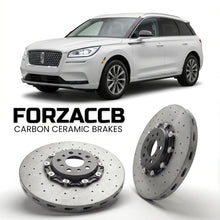 ForzaCCB direct OEM replacement carbon ceramic brake rotors for 2019 and newer Lincoln Corsair models, shown with a white Lincoln Corsair car.
