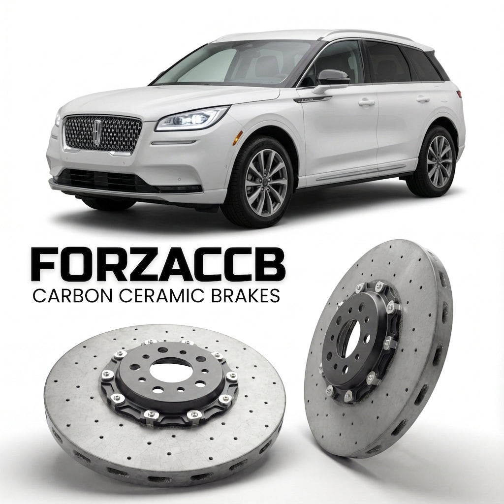 ForzaCCB direct OEM replacement carbon ceramic brake rotors for 2019 and newer Lincoln Corsair models, shown with a white Lincoln Corsair car.
