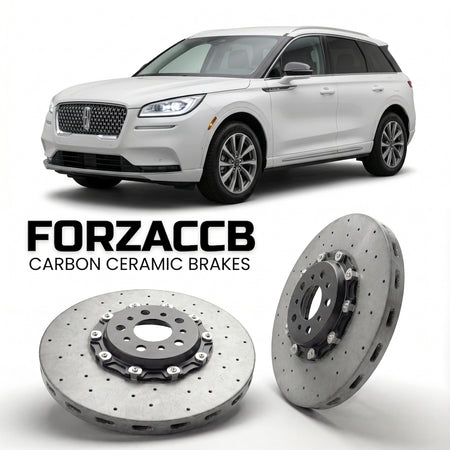 ForzaCCB direct OEM replacement carbon ceramic brake rotors for 2019 and newer Lincoln Corsair models, shown with a white Lincoln Corsair car.