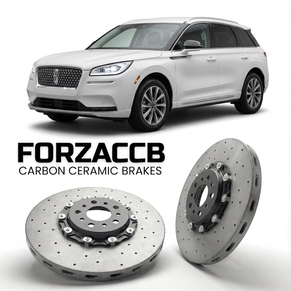 ForzaCCB direct OEM replacement carbon ceramic brake rotors for 2019 and newer Lincoln Corsair models, shown with a white Lincoln Corsair car.