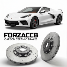 ForzaCCB direct OEM replacement carbon ceramic brake rotors for 2024-2024+ Chevrolet Corvette E-Ray C8 models, shown with a white Chevrolet Corvette E-Ray car.