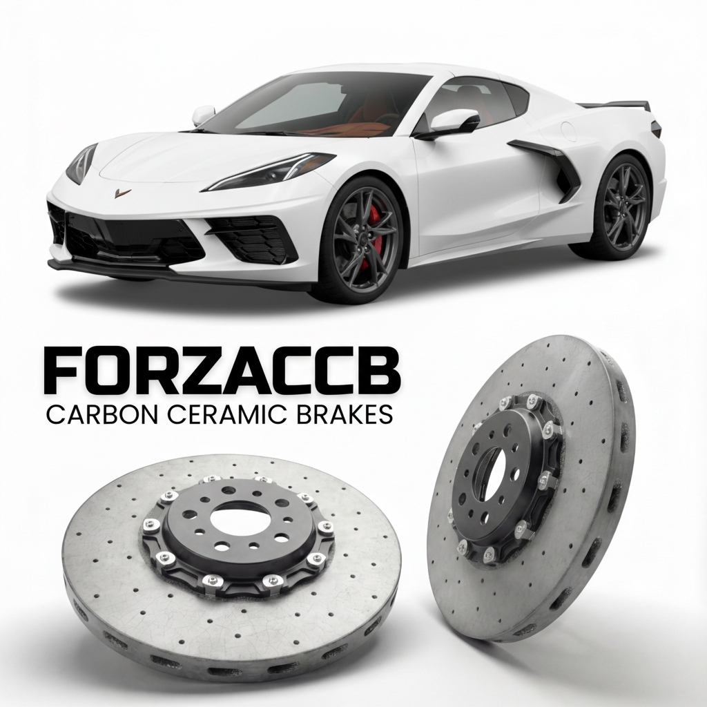 ForzaCCB direct OEM replacement carbon ceramic brake rotors for 2024-2024+ Chevrolet Corvette E-Ray C8 models, shown with a white Chevrolet Corvette E-Ray car.