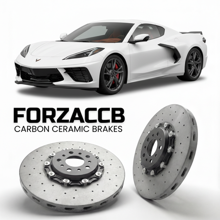 ForzaCCB direct OEM replacement carbon ceramic brake rotors for 2024-2024+ Chevrolet Corvette E-Ray C8 models, shown with a white Chevrolet Corvette E-Ray car.
