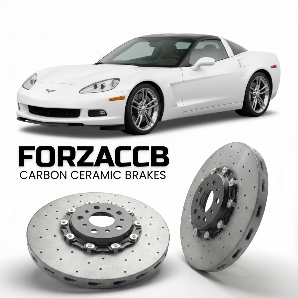 ForzaCCB direct OEM replacement carbon ceramic brake rotors for 2010 to 2013 Chevrolet Corvette Grand Sport C6 models, shown with a white Chevrolet Corvette Grand Sport car.