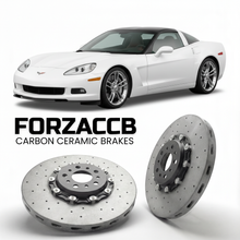 ForzaCCB direct OEM replacement carbon ceramic brake rotors for 2010 to 2013 Chevrolet Corvette Grand Sport C6 models, shown with a white Chevrolet Corvette Grand Sport car.