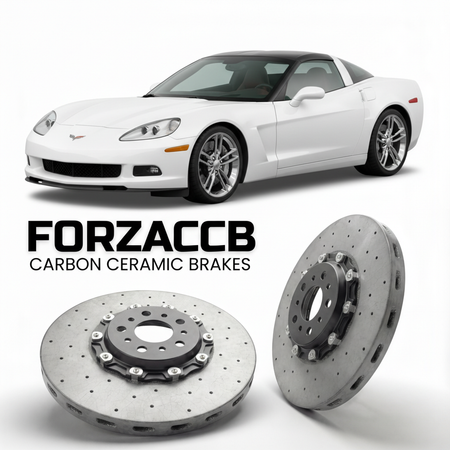 ForzaCCB direct OEM replacement carbon ceramic brake rotors for 2010 to 2013 Chevrolet Corvette Grand Sport C6 models, shown with a white Chevrolet Corvette Grand Sport car.