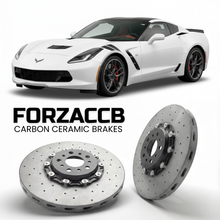 ForzaCCB direct OEM replacement carbon ceramic brake rotors for 2017 to 2019 Chevrolet Corvette Grand Sport C7 models, shown with a white Chevrolet Corvette Grand Sport car.
