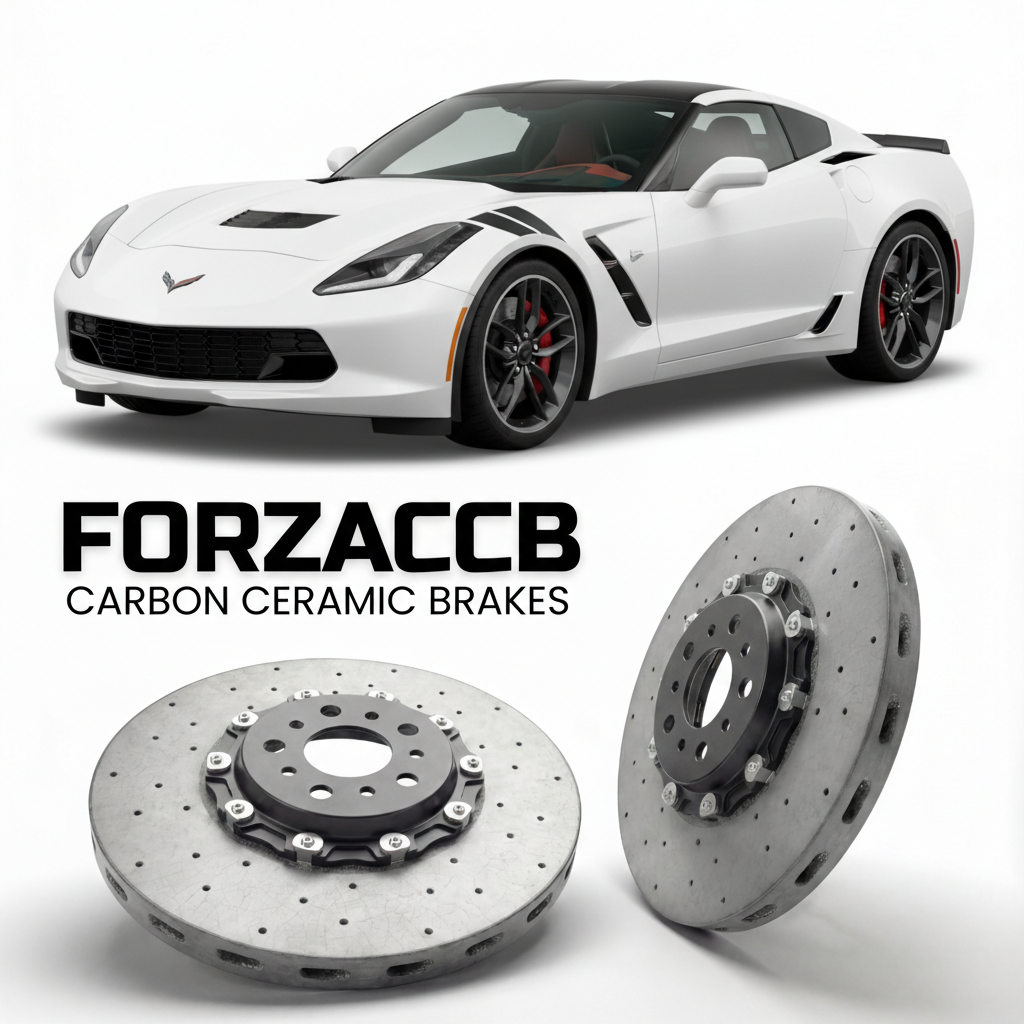 ForzaCCB direct OEM replacement carbon ceramic brake rotors for 2017 to 2019 Chevrolet Corvette Grand Sport C7 models, shown with a white Chevrolet Corvette Grand Sport car.
