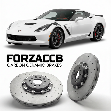 ForzaCCB direct OEM replacement carbon ceramic brake rotors for 2017 to 2019 Chevrolet Corvette Grand Sport C7 models, shown with a white Chevrolet Corvette Grand Sport car.