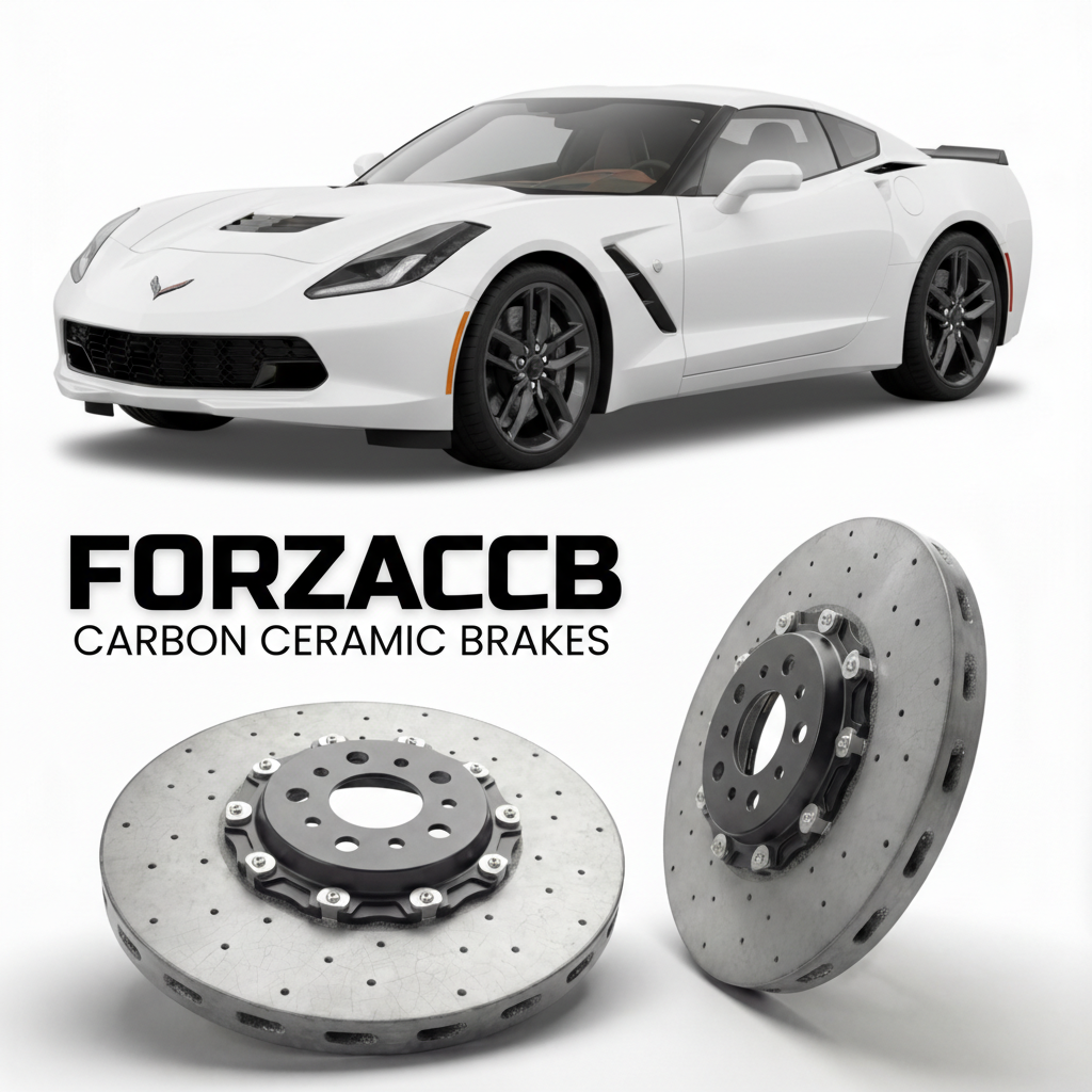ForzaCCB direct OEM replacement carbon ceramic brake rotors for 2014 to 2019 Chevrolet Corvette Stingray Z51 C7 models, shown with a white Chevrolet Corvette Stingray Z51 car.