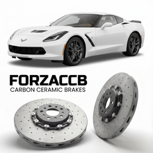 ForzaCCB direct OEM replacement carbon ceramic brake rotors for 2014 to 2019 Chevrolet Corvette Stingray Z51 C7 models, shown with a white Chevrolet Corvette Stingray Z51 car.