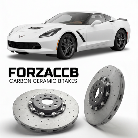 ForzaCCB direct OEM replacement carbon ceramic brake rotors for 2014 to 2019 Chevrolet Corvette Stingray Z51 C7 models, shown with a white Chevrolet Corvette Stingray Z51 car.