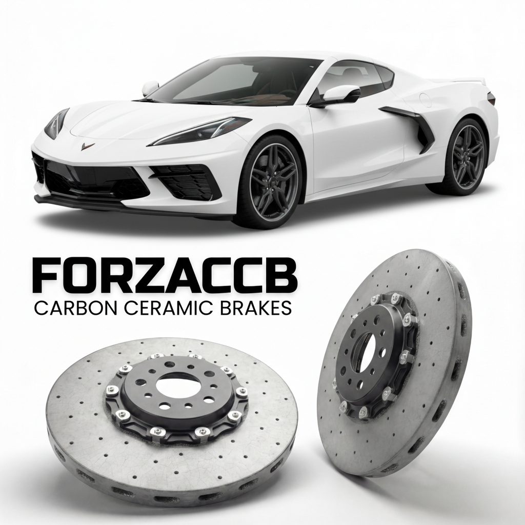 ForzaCCB direct OEM replacement carbon ceramic brake rotors for 2020-2024+ Chevrolet Corvette Stingray Z51 C8 models, shown with a white Chevrolet Corvette Stingray Z51 car.