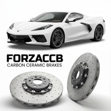 ForzaCCB direct OEM replacement carbon ceramic brake rotors for 2020-2024+ Chevrolet Corvette Stingray Z51 C8 models, shown with a white Chevrolet Corvette Stingray Z51 car.