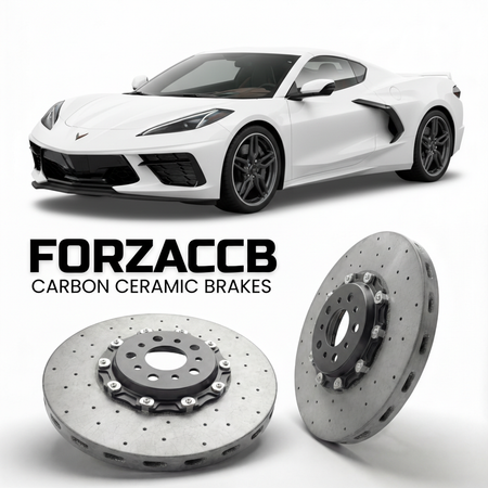 ForzaCCB direct OEM replacement carbon ceramic brake rotors for 2020-2024+ Chevrolet Corvette Stingray Z51 C8 models, shown with a white Chevrolet Corvette Stingray Z51 car.