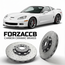 ForzaCCB direct OEM replacement carbon ceramic brake rotors for 2006 to 2013 Chevrolet Corvette Z06 C6 models, shown with a white Chevrolet Corvette Z06 car.