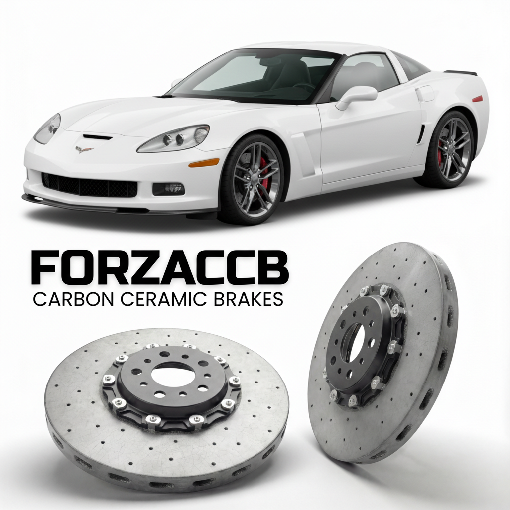 ForzaCCB direct OEM replacement carbon ceramic brake rotors for 2006 to 2013 Chevrolet Corvette Z06 C6 models, shown with a white Chevrolet Corvette Z06 car.