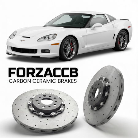 ForzaCCB direct OEM replacement carbon ceramic brake rotors for 2006 to 2013 Chevrolet Corvette Z06 C6 models, shown with a white Chevrolet Corvette Z06 car.