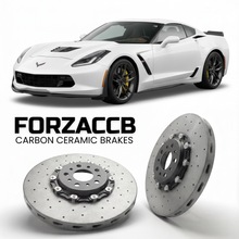 ForzaCCB direct OEM replacement carbon ceramic brake rotors for 2015 to 2019 Chevrolet Corvette Z06 C7 models, shown with a white Chevrolet Corvette Z06 car.