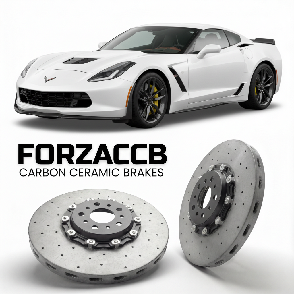 ForzaCCB direct OEM replacement carbon ceramic brake rotors for 2015 to 2019 Chevrolet Corvette Z06 C7 models, shown with a white Chevrolet Corvette Z06 car.