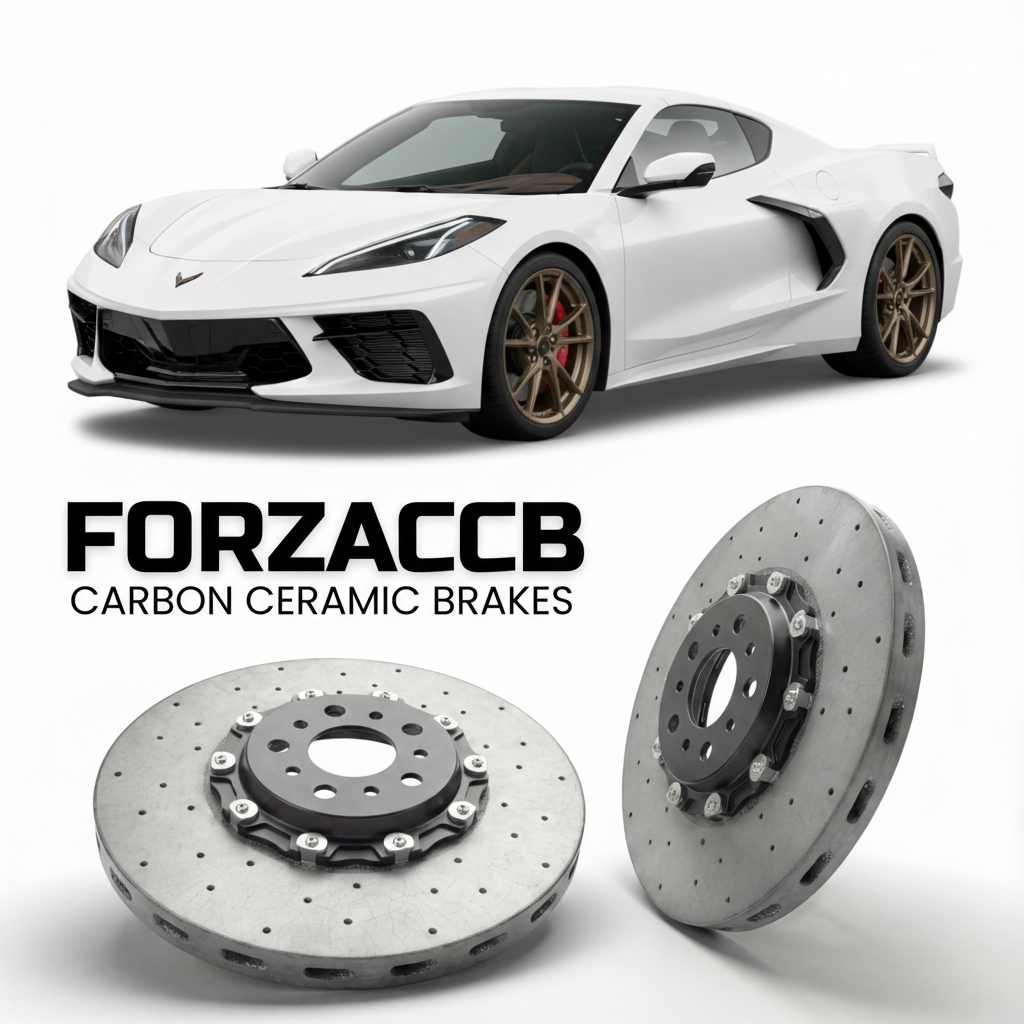 ForzaCCB direct OEM replacement carbon ceramic brake rotors for 2023-2024+ Chevrolet Corvette Z06 C8 models, shown with a white Chevrolet Corvette Z06 car.