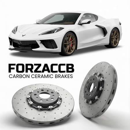 ForzaCCB direct OEM replacement carbon ceramic brake rotors for 2023-2024+ Chevrolet Corvette Z06 C8 models, shown with a white Chevrolet Corvette Z06 car.