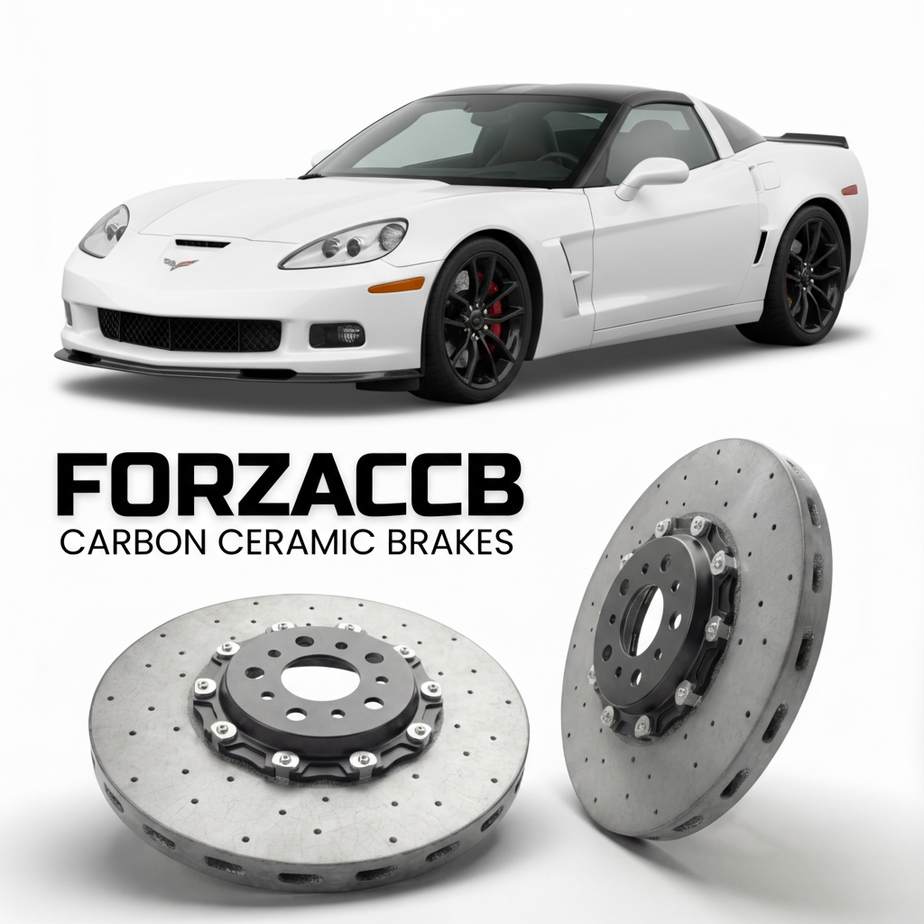 ForzaCCB direct OEM replacement carbon ceramic brake rotors for 2011 to 2011 Chevrolet Corvette Z06 Carbon C6 models, shown with a white Chevrolet Corvette Z06 Carbon car.