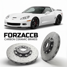 ForzaCCB direct OEM replacement carbon ceramic brake rotors for 2011 to 2011 Chevrolet Corvette Z06 Carbon C6 models, shown with a white Chevrolet Corvette Z06 Carbon car.