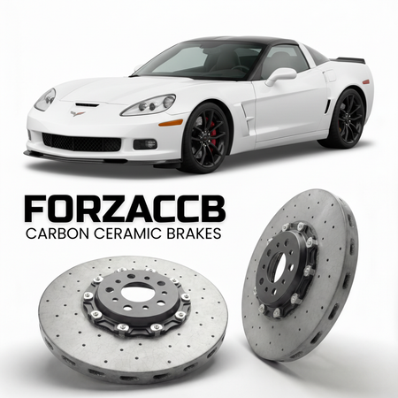 ForzaCCB direct OEM replacement carbon ceramic brake rotors for 2011 to 2011 Chevrolet Corvette Z06 Carbon C6 models, shown with a white Chevrolet Corvette Z06 Carbon car.