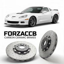 ForzaCCB direct OEM replacement carbon ceramic brake rotors for 2009 to 2013 Chevrolet Corvette ZR1 C6 models, shown with a white Chevrolet Corvette ZR1 car.