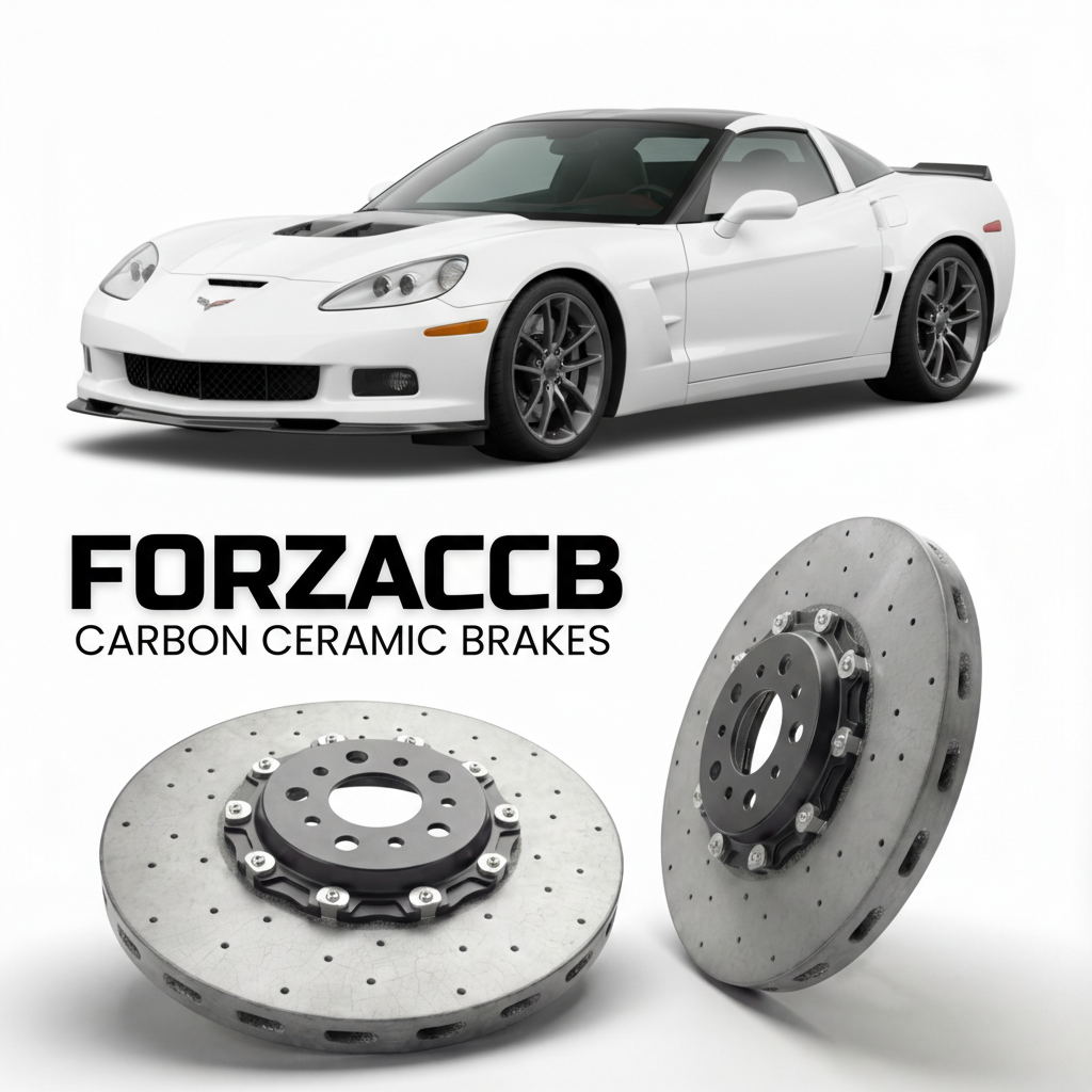 ForzaCCB direct OEM replacement carbon ceramic brake rotors for 2009 to 2013 Chevrolet Corvette ZR1 C6 models, shown with a white Chevrolet Corvette ZR1 car.