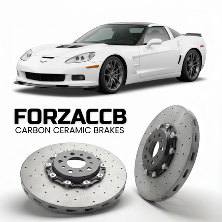 ForzaCCB direct OEM replacement carbon ceramic brake rotors for 2009 to 2013 Chevrolet Corvette ZR1 C6 models, shown with a white Chevrolet Corvette ZR1 car.