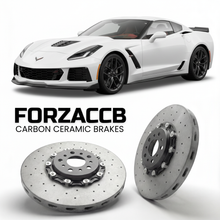 ForzaCCB direct OEM replacement carbon ceramic brake rotors for 2019 to 2019 Chevrolet Corvette ZR1 C7 models, shown with a white Chevrolet Corvette ZR1 car.