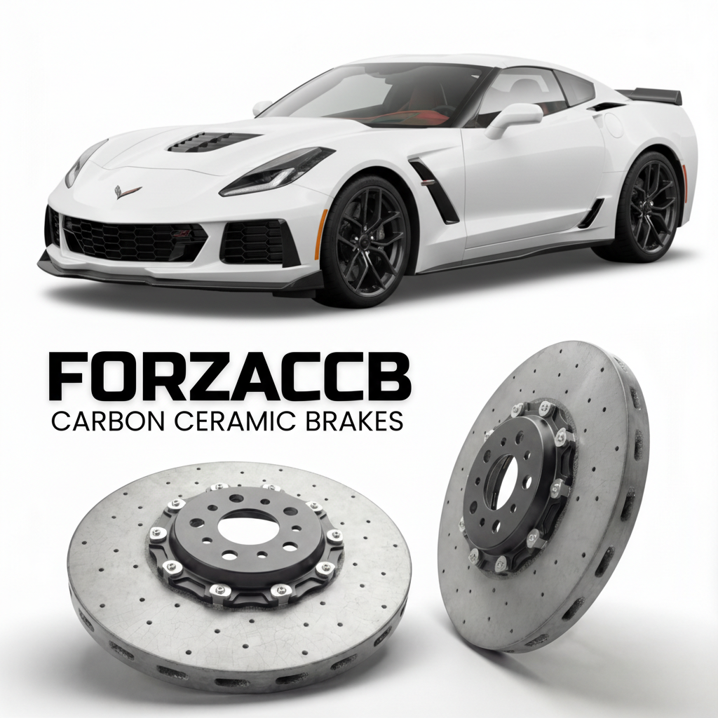 ForzaCCB direct OEM replacement carbon ceramic brake rotors for 2019 to 2019 Chevrolet Corvette ZR1 C7 models, shown with a white Chevrolet Corvette ZR1 car.